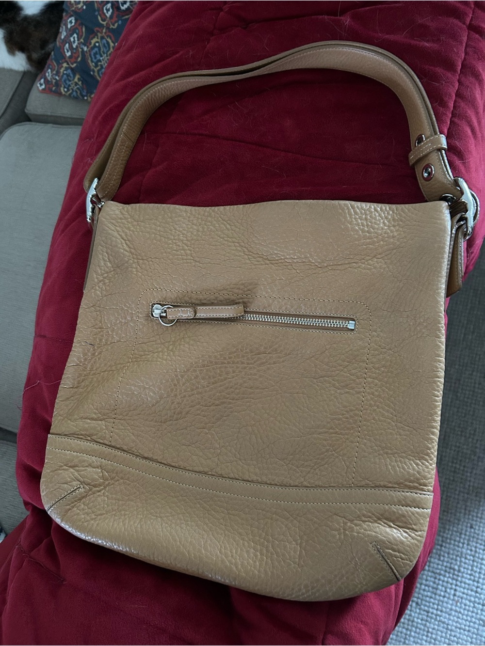 Coach Tan Pebbled Leather Hobo with Front Zip Pocket